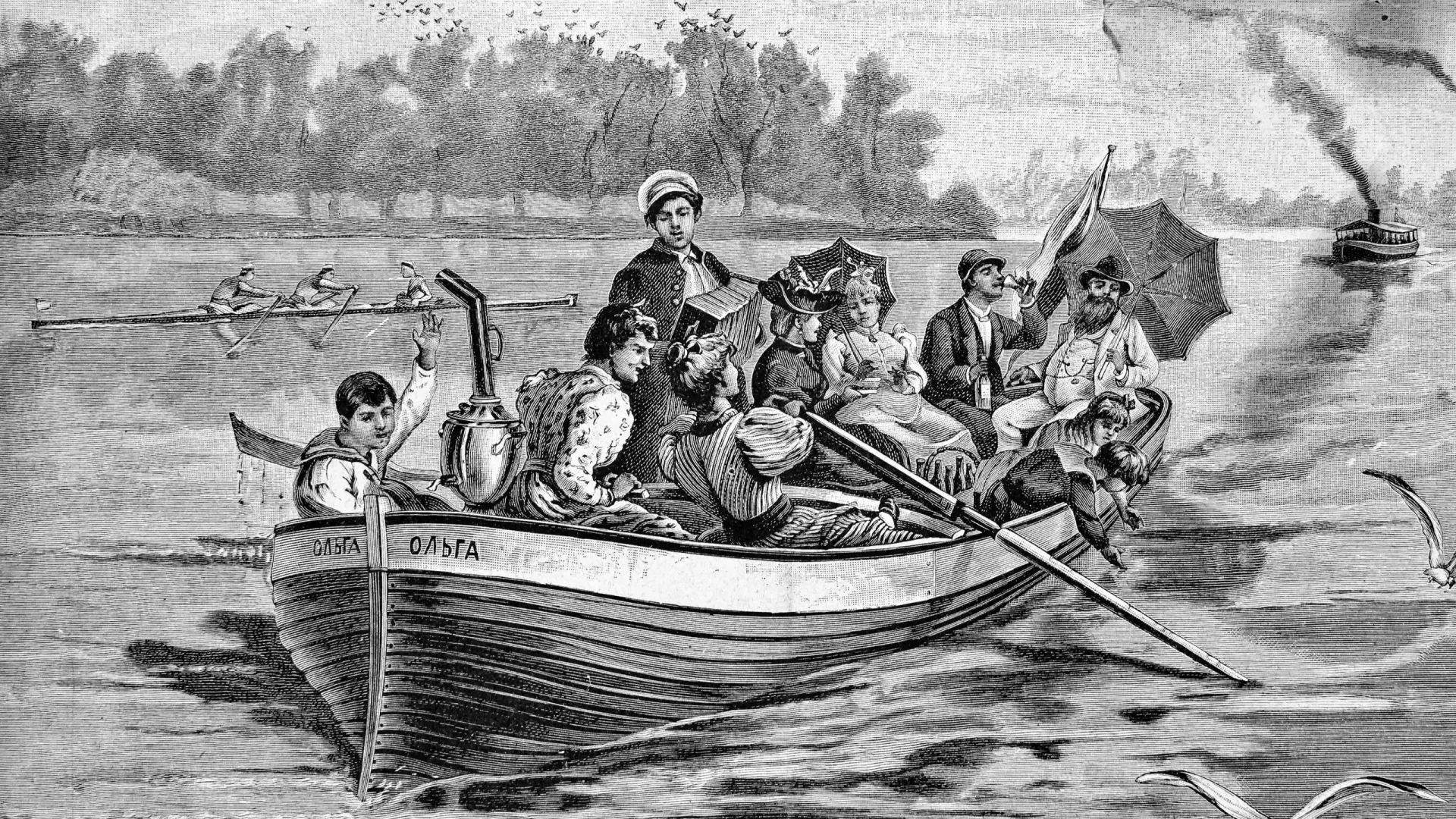 «Пикник на воде». Гравюра с картины художника Бролинга. Опубликовано в журнале «Нива», 1893 г. Фото: Oleg Golovnev/Shutterstock/Fotodom