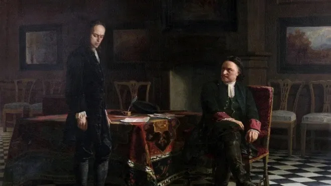 Николай Ге «Петр I допрашивает царевича Алексея в Петергофе». 1872 г. Государственный Русский музей. Источник: rusmuseumvrm.ru