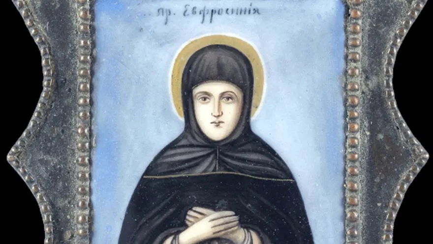 Преподобная Евфросиния Московская. Эмаль на медной основе, латунь, штамповка. Центральный музей древнерусской культуры и искусства имени Андрея Рублева. Фото: rublev-museum.ru