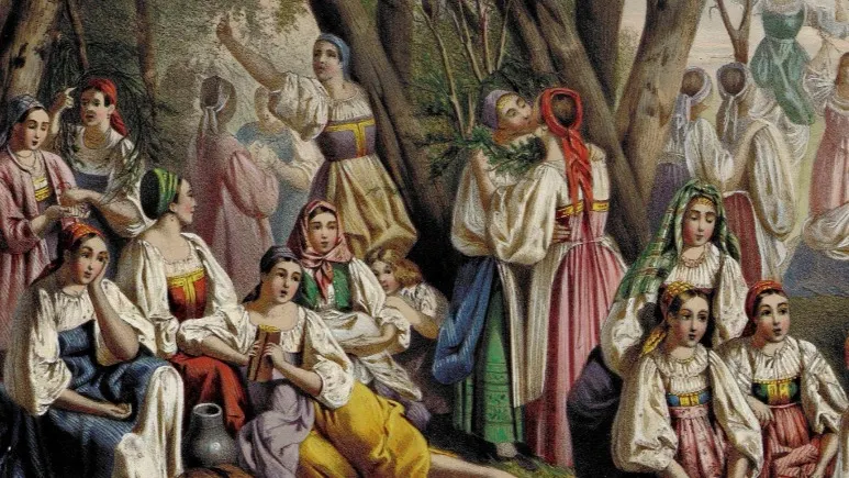 Лавр Плахов «Семик, завивание венков». Литография 1840-х гг. Государственный русский музей. Фото: rusmuseumvrm.ru