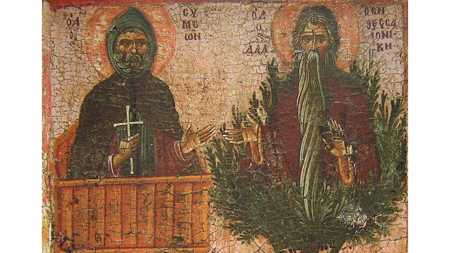 «Симеон Столпник и Давид Солунский». Икона середины XV в. Афон, монастырь Ватопед. Фото: icons.pstgu.ru